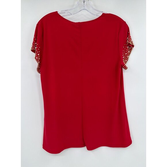 Nik and Nash Size L Red Top Gold Pearl Embellished Sleeves Womens New - Picture 5 of 5